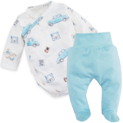 Zavinovací kojenecké body + polodupačky Blue Car 2D, modrá/bílá. vel. 56, vel. 62 (2-3m)