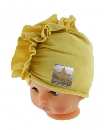 Baby Nellys Jarní/podzimní bavlněná čepice - turban, hořčicová, vel. 80/86