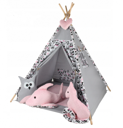 Baby Nellys Stan pro děti týpí s velkou výbavou Zvířátka - šedý, růžový