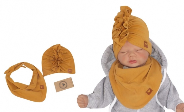 Z&amp;Z Stylová dětská jarní/podzimní bavlněná čepice, turban s šátkem, medová