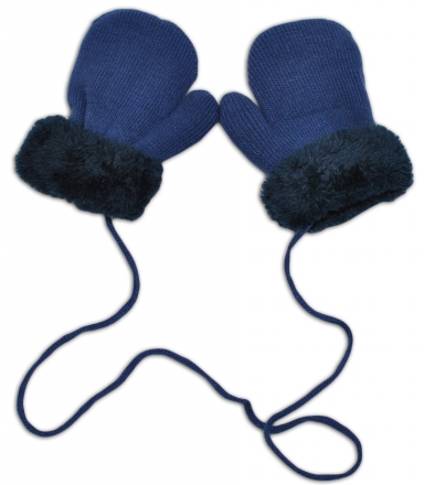 Zimní kojenecké rukavičky s kožíškem - se šňůrkou YO - jeans/granátový kožíšek, 98/104
