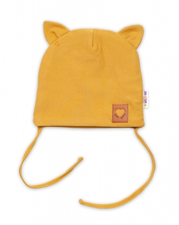 Baby Nellys Bavlněná dvouvrstvá čepice s oušky na zavazování FOX - hořčicová, vel. 68/74