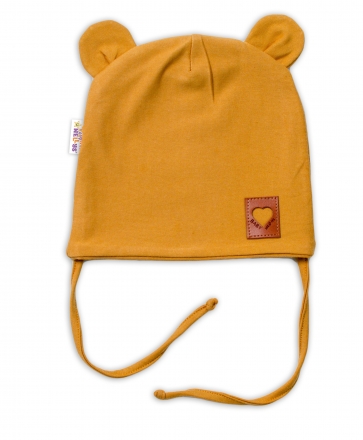 Bavlněná dvouvrstvá čepice s oušky na zavazování TEDDY - hořčicová, Baby Nellys
