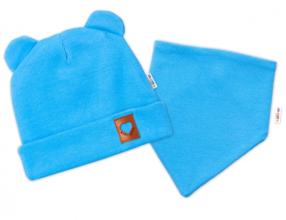 Baby Nellys Žebrovaná dvouvrstvá čepice s oušky + šátek TEDDY - modrá