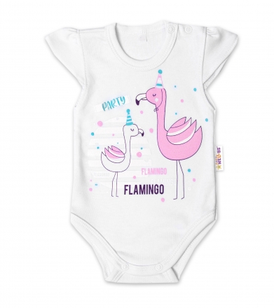 Baby Nellys Bavlněné kojenecké body, kr. rukáv, Flamingo - bílé, vel. 62