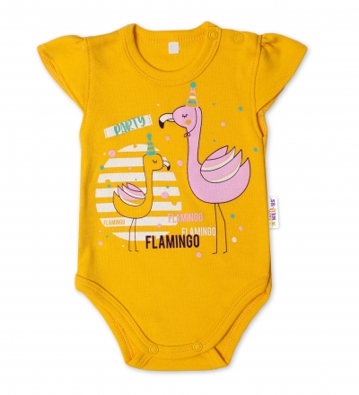 Baby Nellys Bavlněné kojenecké body, kr. rukáv, Flamingo - hořčicové, vel. 62