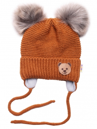 Dětská zimní čepice s fleecem Teddy Bear - chlupáčk. bambulky - hnědá, šedá, BABY NELLYS