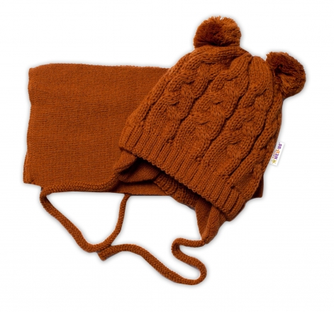 Zimní pletená kojenecká čepička s šálou TEDDY - hnědá s bambulkami, vel. 62/68