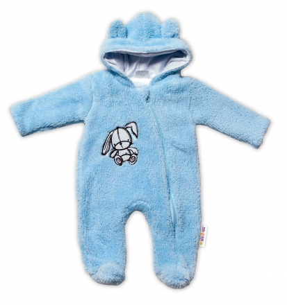 Baby Nellys Chlupáčkový overálek s kapucí, Cute Bunny - modrý, vel. 62