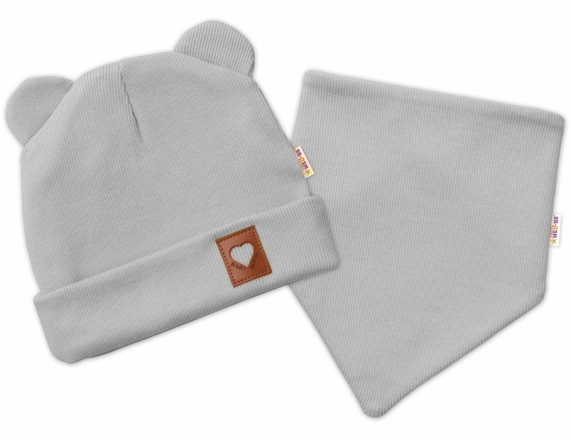 Žebrovaná dvouvrstvá čepice s oušky + šátek TEDDY - šedá