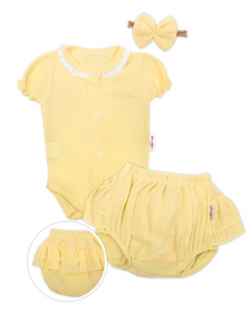 Baby Nellys 3-dílná mušelínová soupravička, body, kraťasky + čelenka GIRL, žlutá, vel. 74