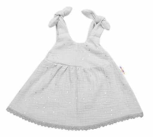 Baby Nellys Letní lehoučké mušelínové šaty Summer Stars - šedé, vel. 68/74