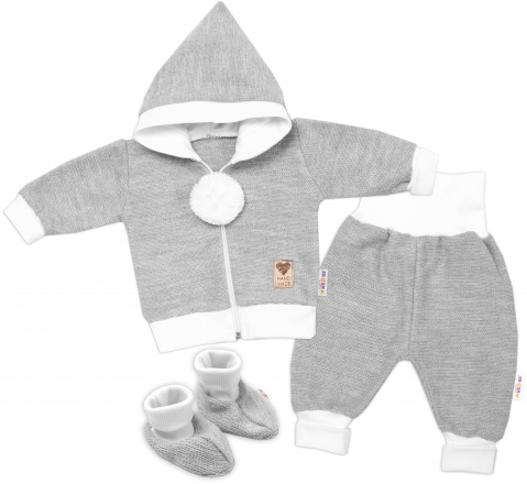 Baby Nellys 3-dílná souprava Hand made, pletený kabátek, kalhoty a botičky, šedá, vel. 68