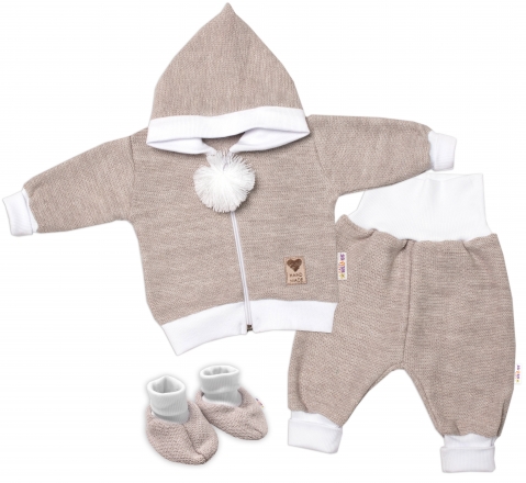 Baby Nellys 3-dílná souprava Hand made, pletený kabátek, kalhoty a botičky, béžová, vel.62