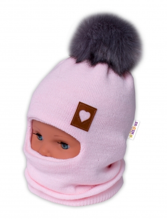 Baby Nellys Zimní čepice/kukla s bambulí Love, sv. růžová,