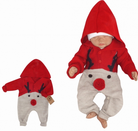 Z&amp;Z Dětský pletený Vánoční overálek s kapucí a knoflíčky Baby Sob, červený, vel. 62