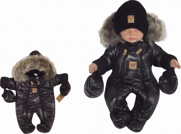 Zimní kombinéza s dvojitým zipem, kapucí a kožešinou + rukavičky Z&amp;Z, Angel, černý, vel.86