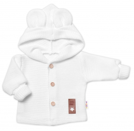 Dětský elegantní pletený svetřík s knoflíčky a kapucí s oušky Baby Nellys, bíly, vel. 68