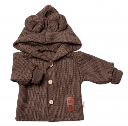 Dětský elegantní pletený svetřík s knoflíčky a kapucí s oušky Baby Nellys, hnědý, vel. 62