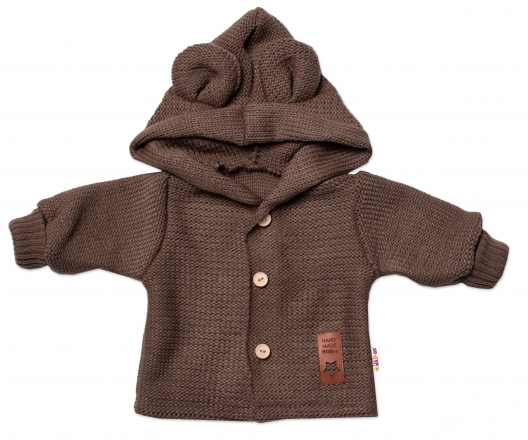 Dětský elegantní pletený svetřík s knoflíčky a kapucí s oušky Baby Nellys, hnědý, vel. 80