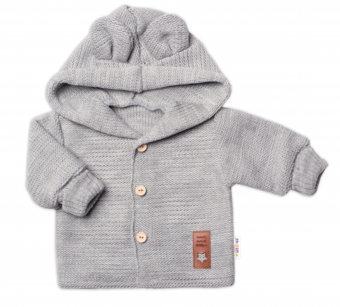 Dětský elegantní pletený svetřík s knoflíčky a kapucí s oušky Baby Nellys, šedý, vel. 80