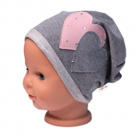 Baby Nellys Dětská čepice bavlna, Srdíčka s kamínky, , šedá, vel. 92/98
