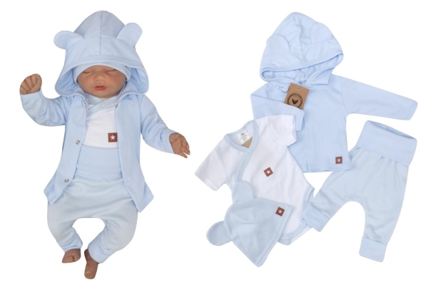 Novorozenecká sada 4D, body kr. rukáv, tepláčky, kabátek a čepička Z&amp;Z, modrá