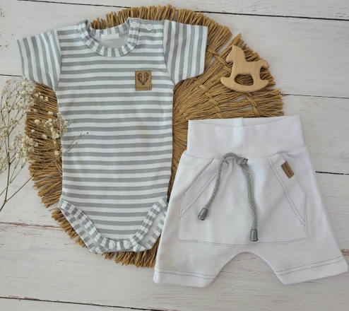 Body krátký rukáv + Baggy s klokaní kapsou, 2D sada Z&Z - bílá/šedý proužek, vel. 62 Body krátký rukáv + Baggy s klokaní kapsou, 2D sada Z&Z - bílá/šedý proužek, vel. 62