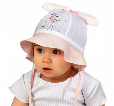 Letní klobouček na zavazování Baby Nellys Plameňák, růžový/bílý, vel. 74/80