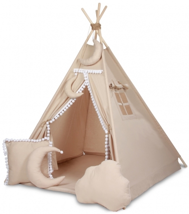 Stan pro děti týpí Baby Nellys + výbava - béžový s bílými bambulkami