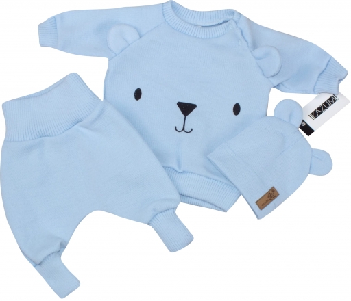 Pletená kojenecká sada 3D Medvídek, svetřík, tepláčky + čepička Kazum, modrá, vel. 68