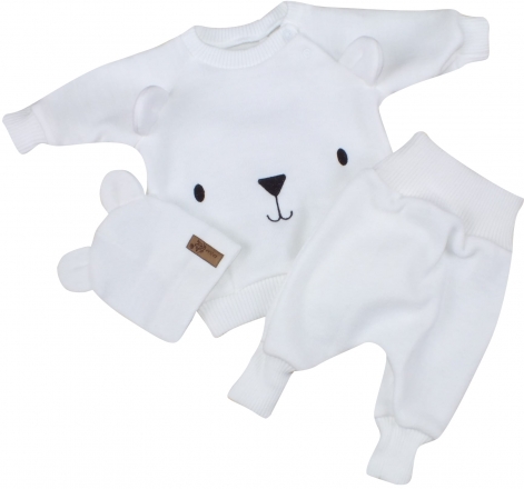 Pletená kojenecká sada 3D Medvídek, svetřík, tepláčky + čepička Kazum, bílá, vel. 68