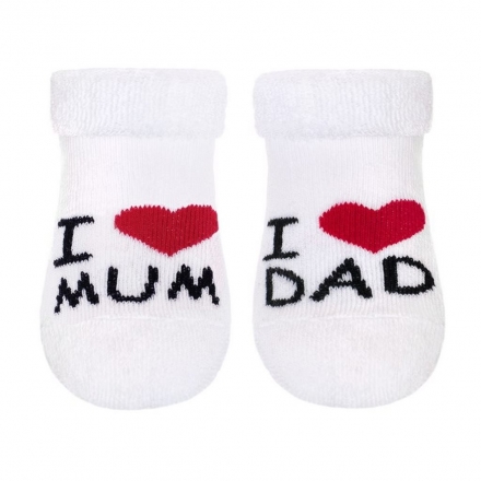 Baby Nellys Kojenecké froté bavlněné ponožky I Love Mum & Dad, bílé Baby Nellys Kojenecké froté bavlněné ponožky I Love Mum & Dad, bílé