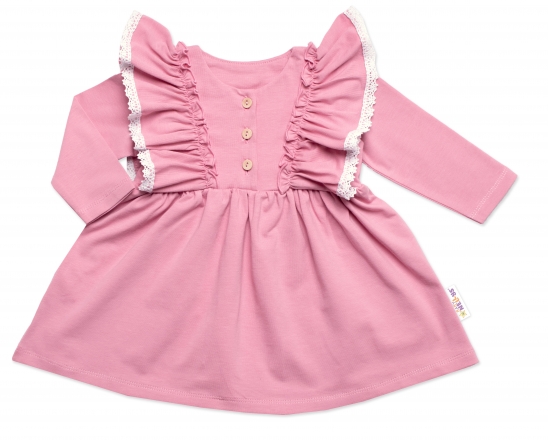 Kojenecké šaty dlouhý rukáv s volánky Amálka, bavlna, Mrofi, pudrově růžové, vel. 74