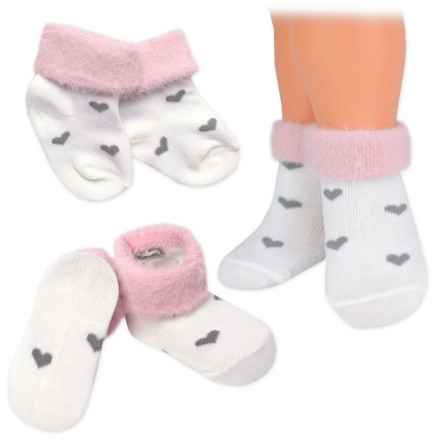 Bavlněné dětské ponožky s chlupáčkovým lemem, Srdíčka - bílé, vel. 68/80, 1 pár