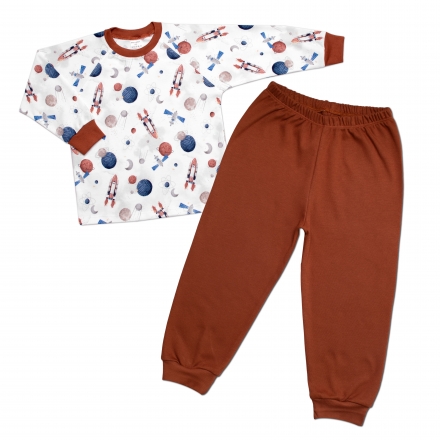Dětské pyžamo 2D sada, triko + kalhoty, Cosmos, Mrofi, hnědá/bílá, vel. 116