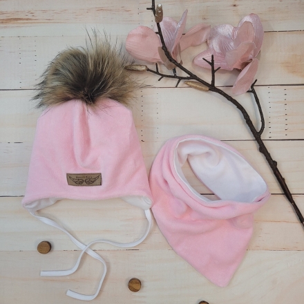 Zimní dvouvrstvá čepice na zavazování s bambulí z kožešinky + šátek Z&amp;Z, růžová, vel.68/74