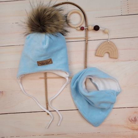 Zimní dvouvrstvá čepice na zavazování s bambulí z kožešinky + šátek Z&amp;Z, modrá, vel. 68/74