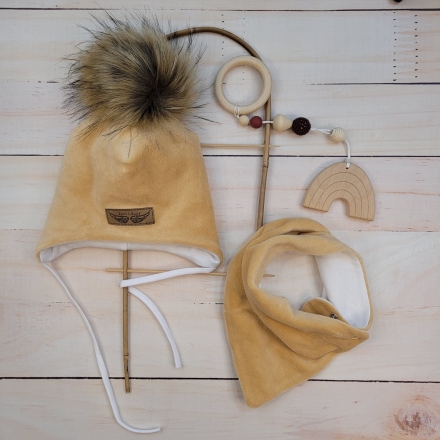 Zimní dvouvrstvá čepice na zavazování s bambulí z kožešinky + šátek Z&amp;Z, béžová, vel.68/74