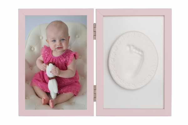 Sada na otisk miminka -dvojitý rámeček s modelínou pro otisk ručičky nebo nožičky, růžový