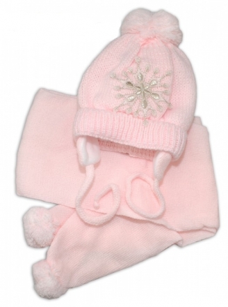 Zimní čepička s šálou - Sněhová vločka v růžové, 0-6m, Baby Nellys