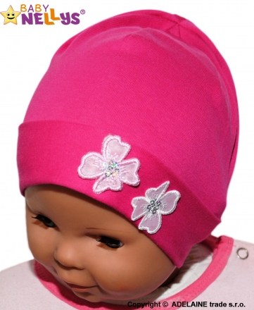 Baby Nellys Bavlněná čepička Kytičky  ® - sytě růžová