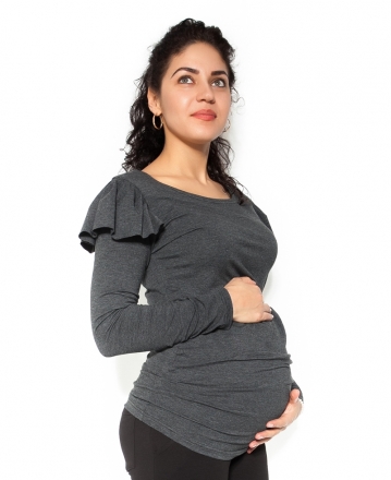 Be MaaMaa Těhotenské triko dlouhý rukáv FANNY s volánkem - tm. šedé - XL