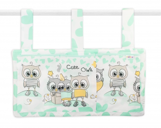 Baby Nellys Kapsář na postýlku 3 kapsy - Cute Owls - zelený Baby Nellys