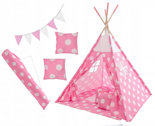 Kids Stan pro děti teepee, týpí s výbavou - Puntíky, 120x120x180 cm, růžovo/bílý