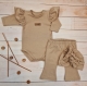 Body s volánky, legíny do zvonu a čepička, 3D, bavlna, cappuccino, vel. 86